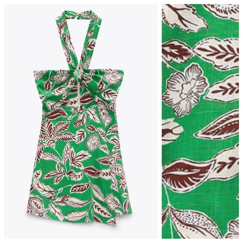 NWT. Zara Green Linen/Cotton Cut-Out Tropical Print Jumpsuit/Romper. Size L.